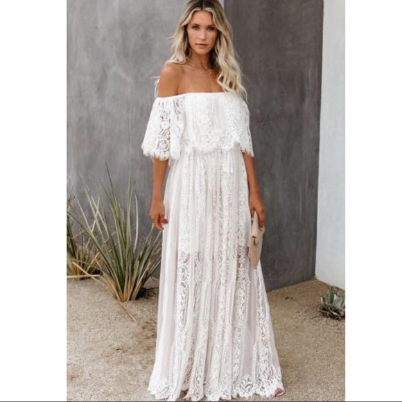 White Off The Shoulder Lace Maxi Dress - Picture 2 of 7
